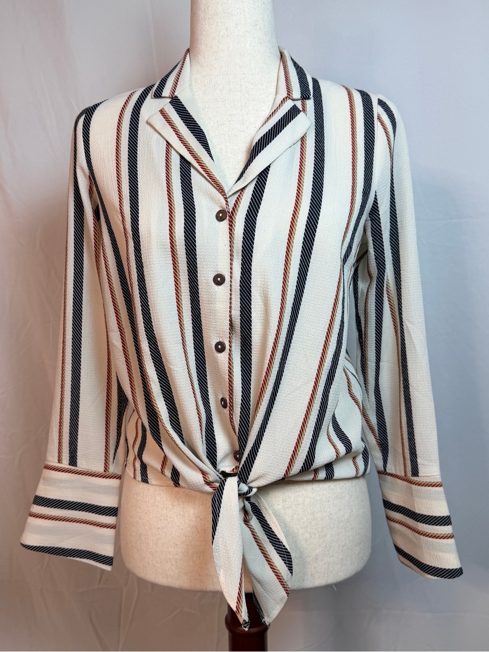 Monteau Ivory Button-Front Tie Hem Blouse with Navy & Brown Stripes. Retro